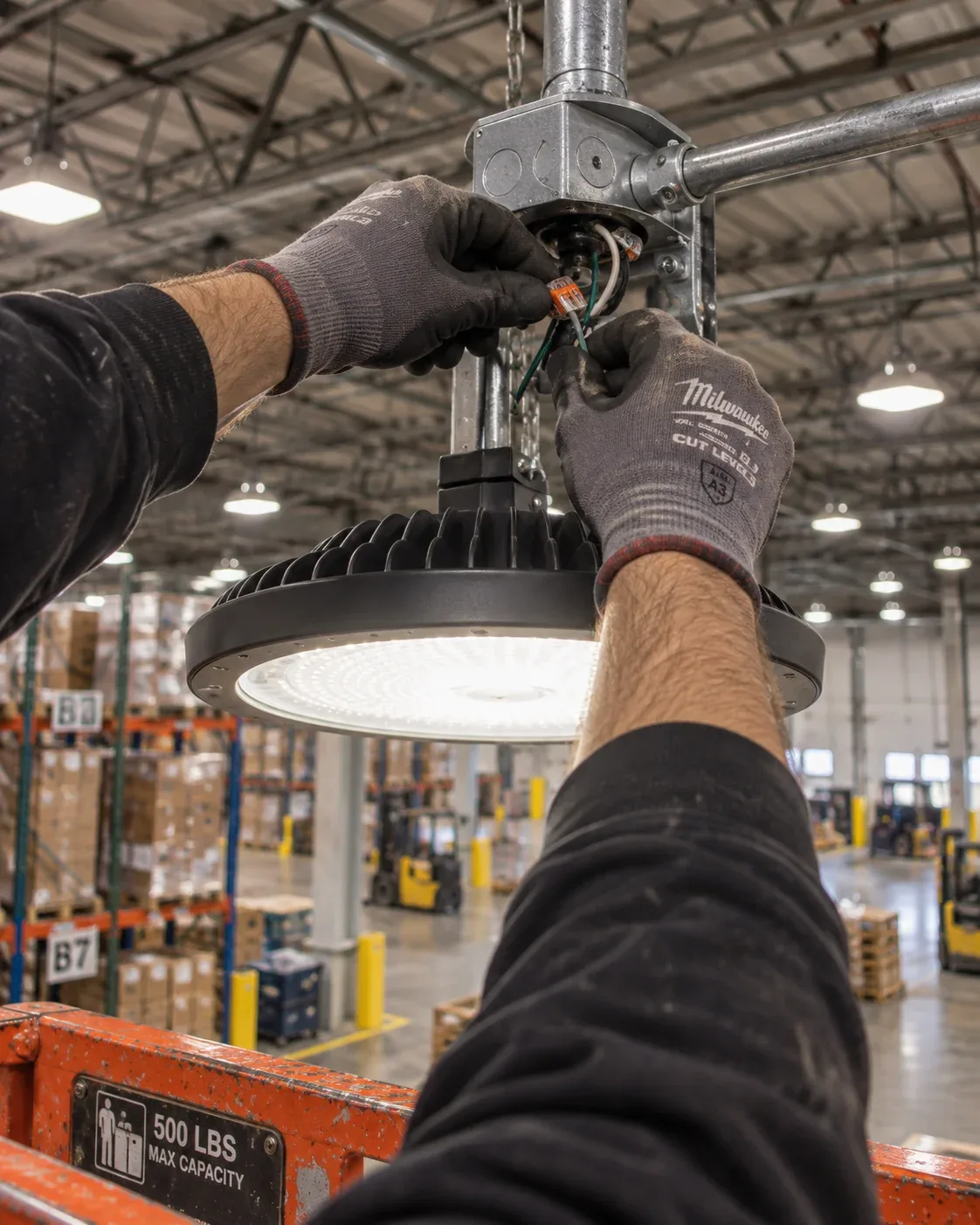 High bay LED warehouse lighting in an industrial facility
