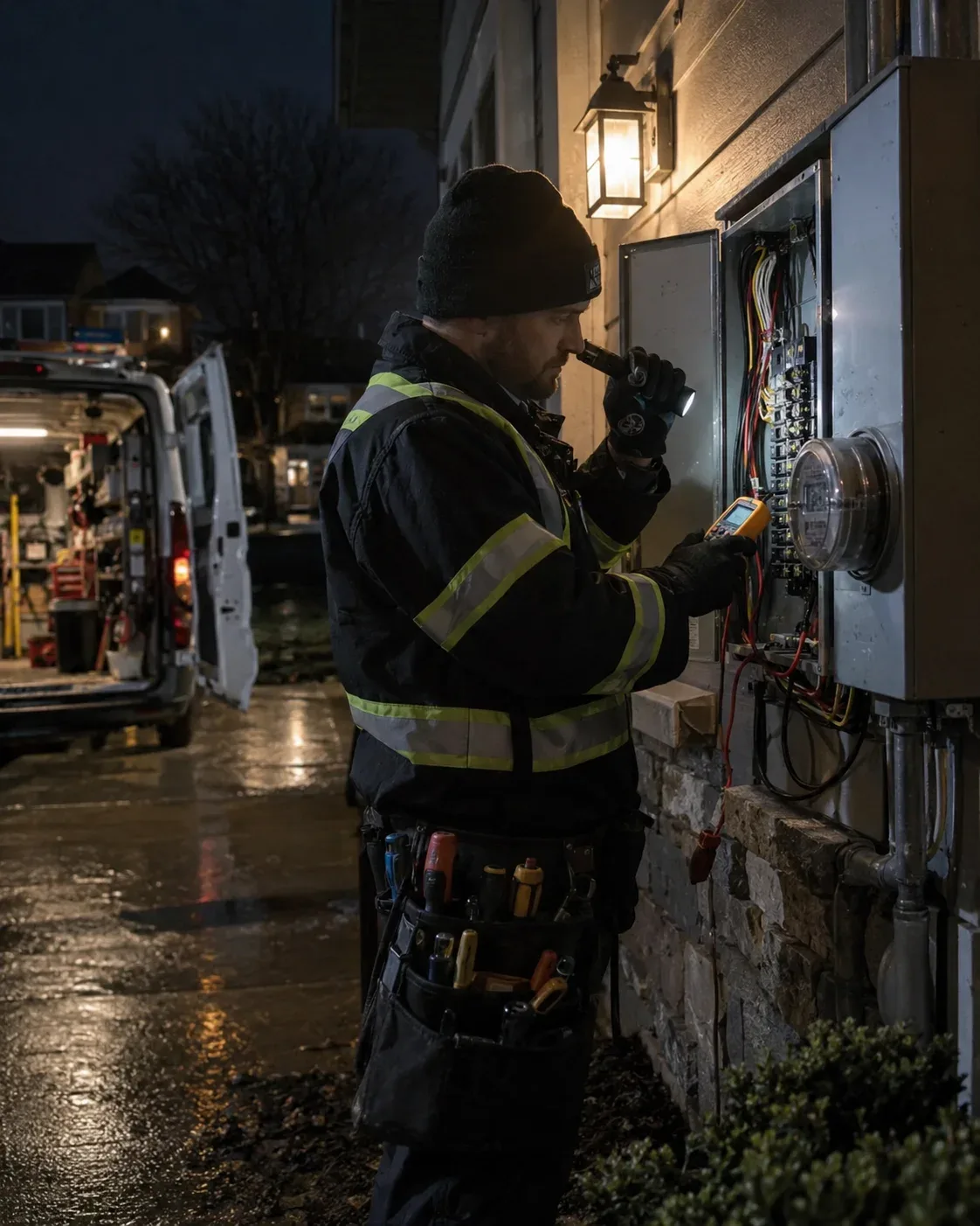 Emergency electrician inspecting an electrical panel at night in Ancaster